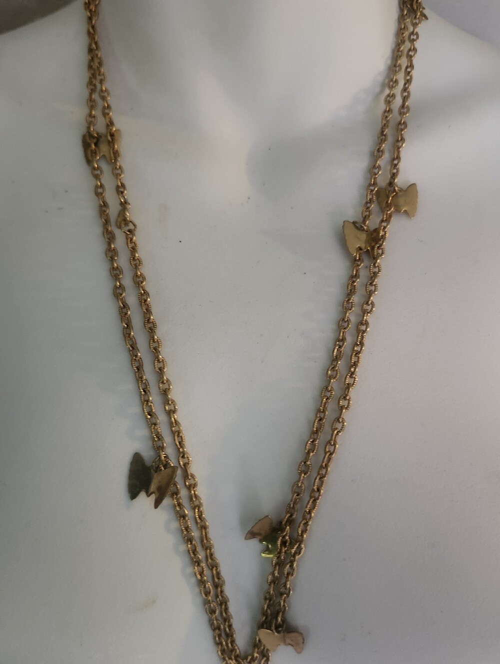 Vtg Sarah Coventry Gold Tone Double Chain Dangling Butterfly Charm Necklace